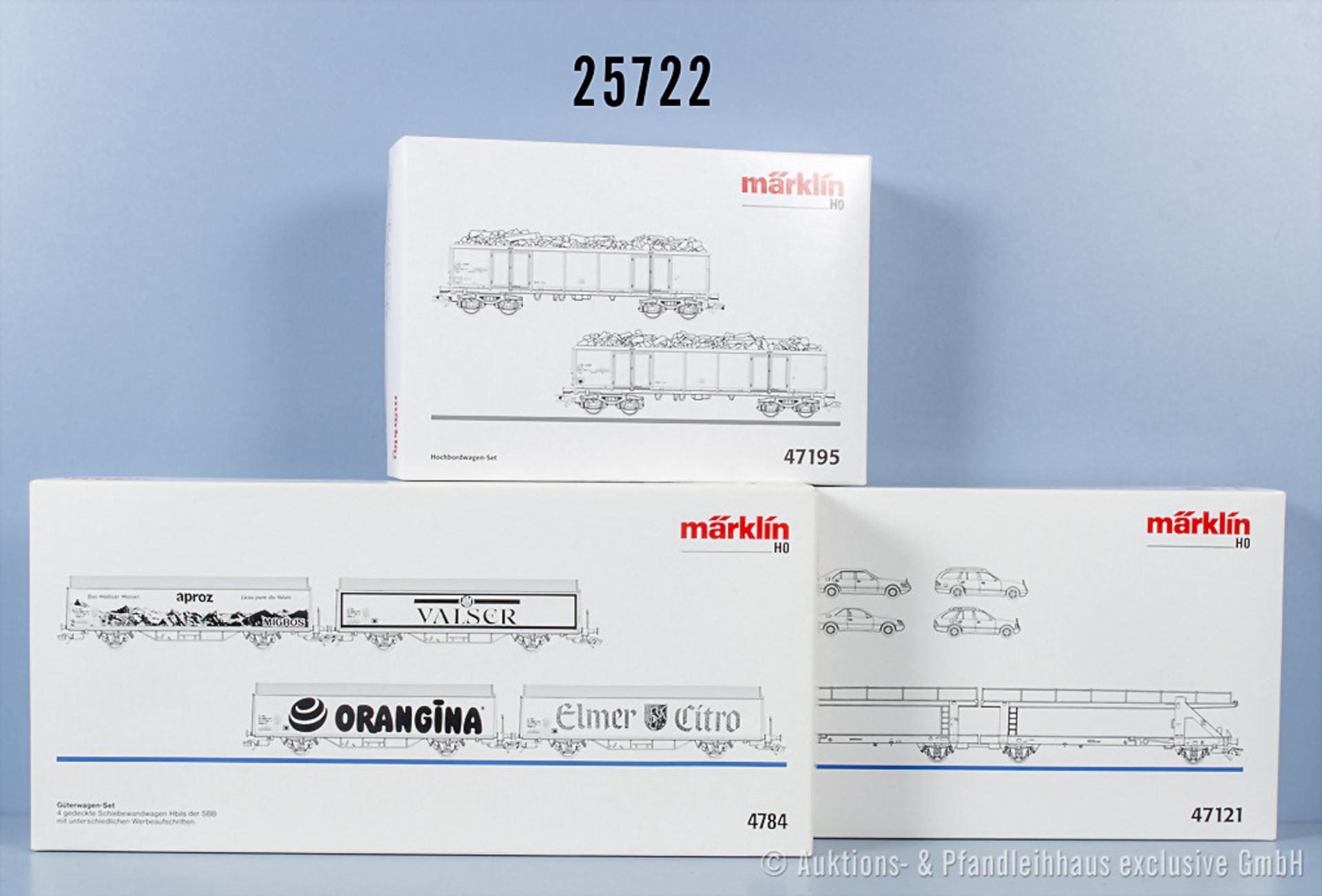 3 Märklin H0 Wagensets, dabei 4784 Schweizer Kühlwagen, 47121 Doppel-Autotransportwagen ...