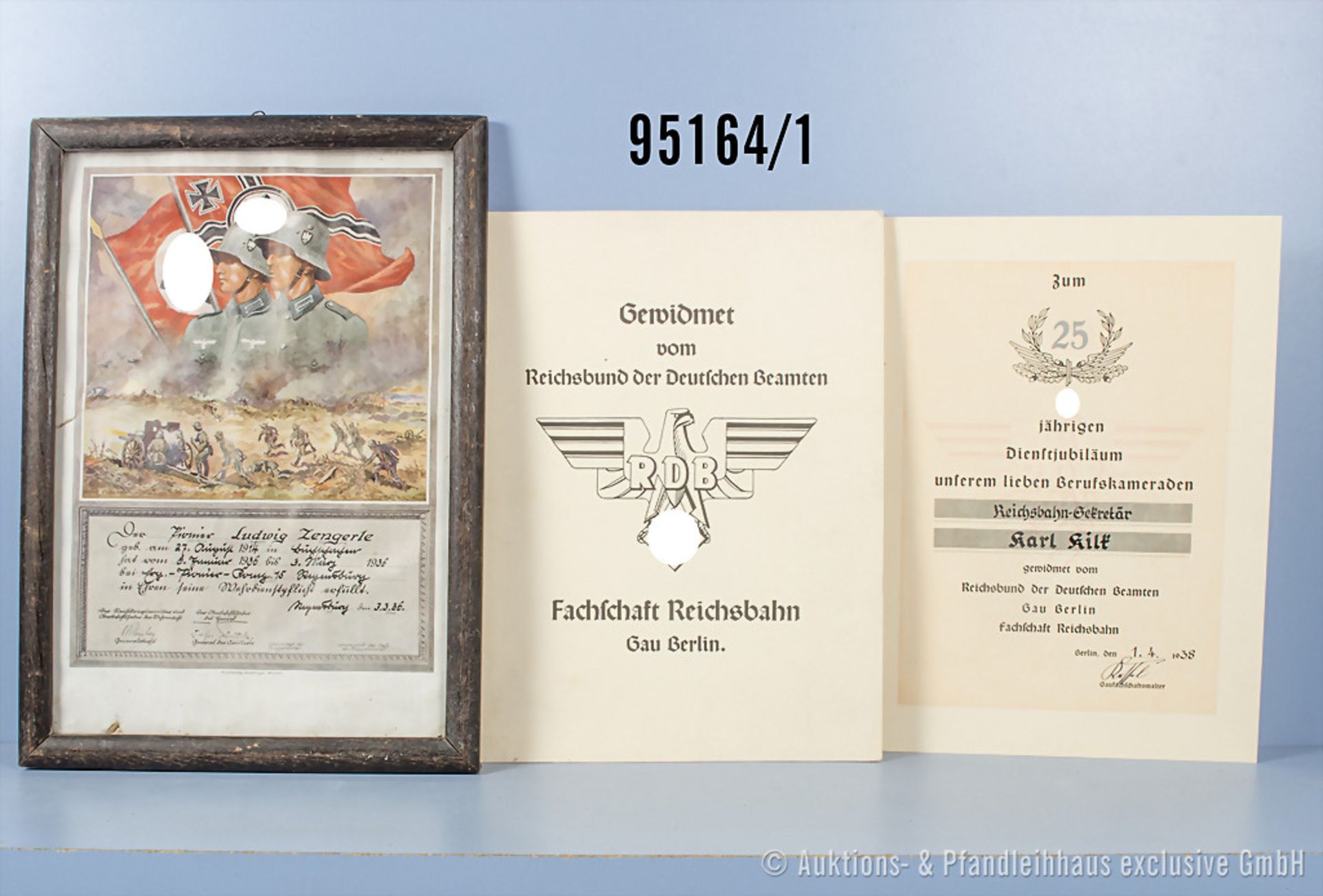 umfangreiches Dokumentenkonv., gerahmte Dienstzeit-Urkunde von 1936, Urkundenheft zum ...