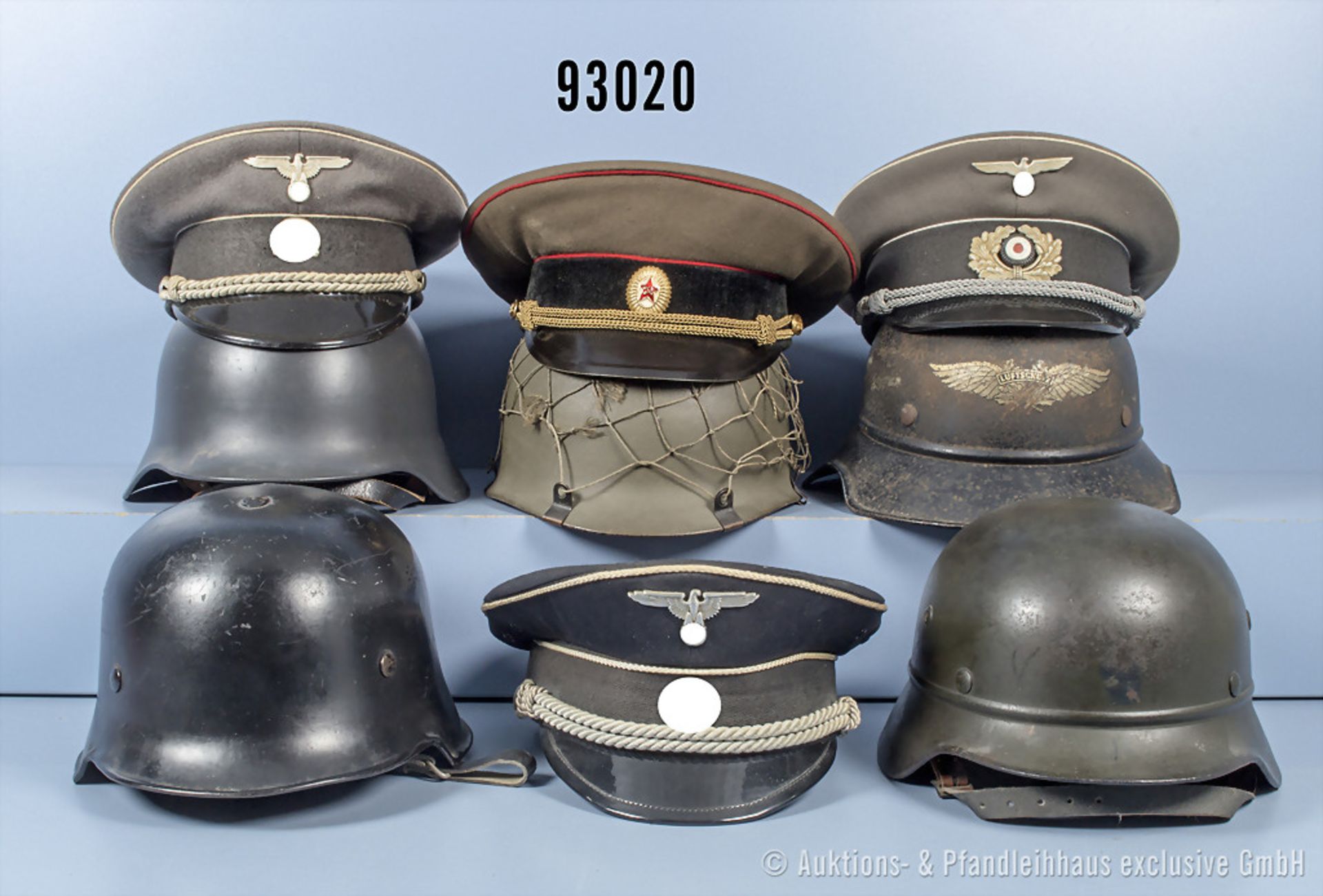 Konv. 9 Kopfbedeckungen, Bundeswehr-Stahlhelm, Feuerwehrhelm M 34, Luftschutzhelm mit ...