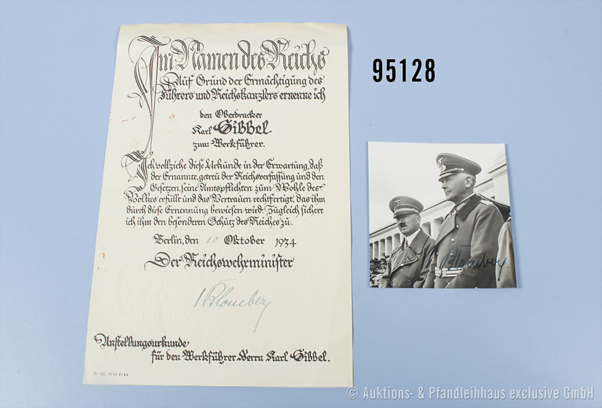 Konv. beschnittenes Pressefoto, ca. 12 x 13 cm und Beförderungsurkude zum Werkführer von ...