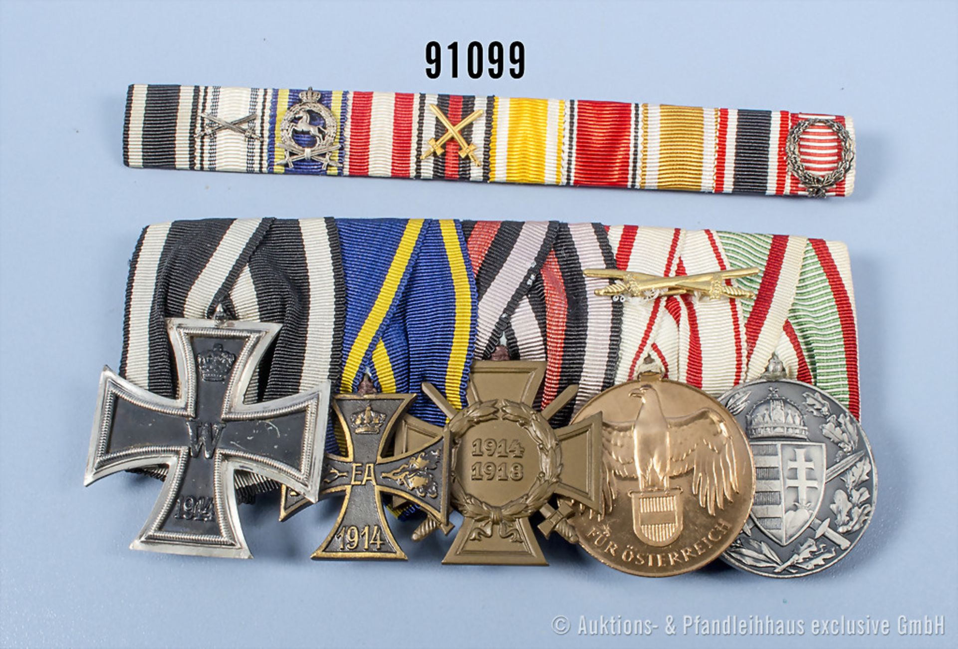 Konv. 5er Ordensspange, EK 2 1914, Braunschweig Kriegsverdienskreuz 2. Klasse, EKF, KDM ...