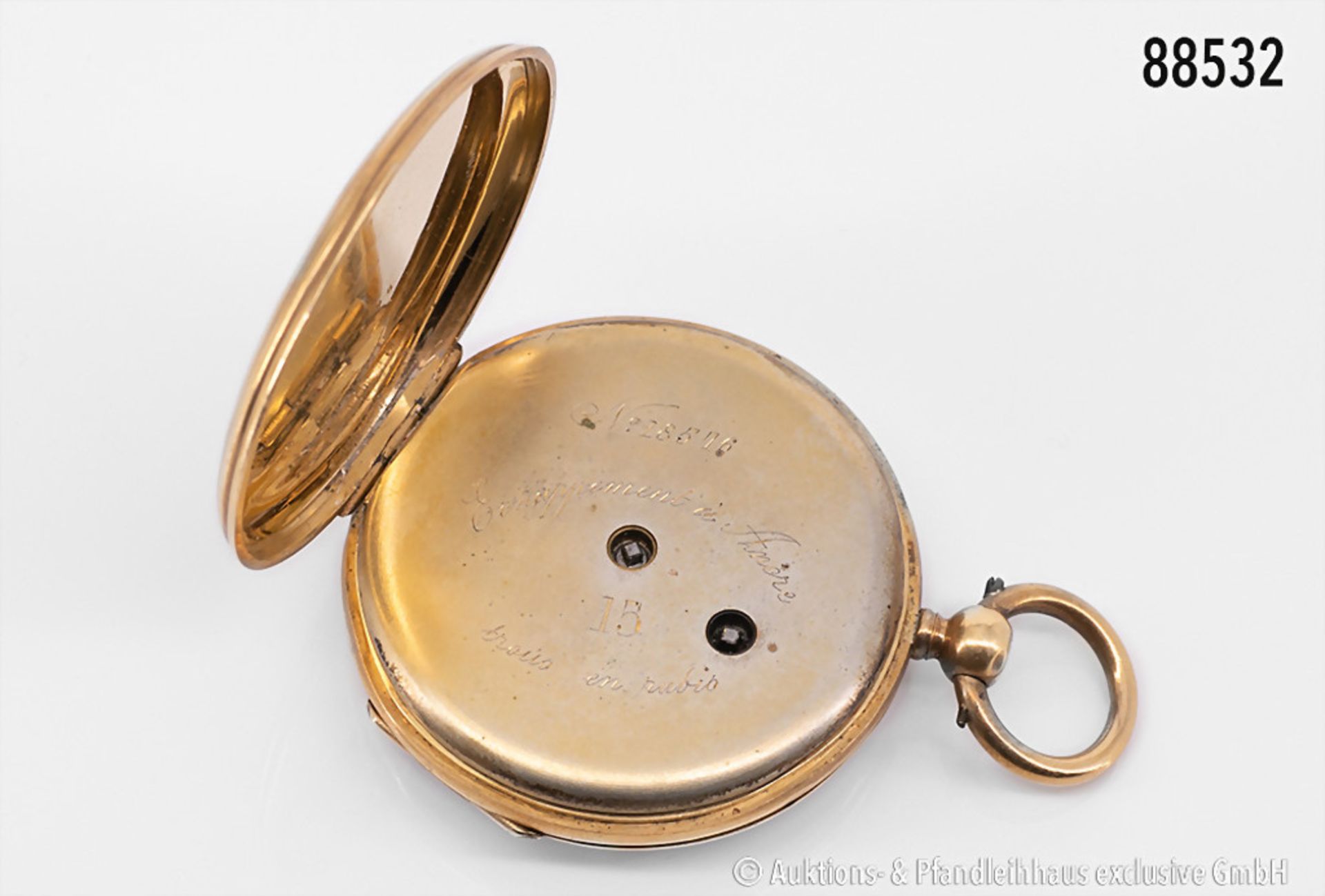 Taschenuhr, 2 Deckel 18 Karat Gold, um 1900, Schlüsselaufzug (ohne Schlüssel), graviert, ... - Bild 3 aus 3