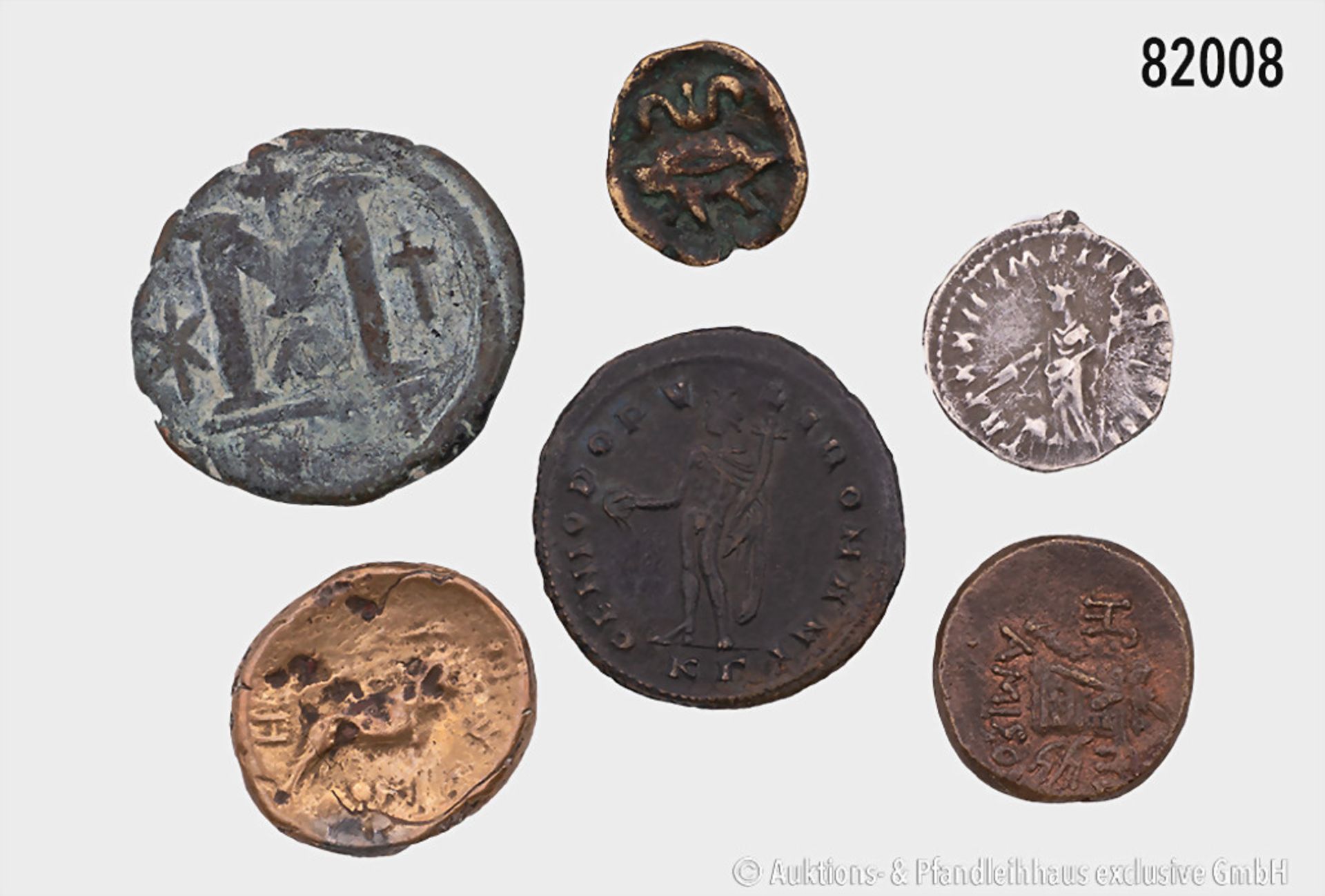 Konv. 6 antike Münzen, dabei Denar des Marc Aurel, Follis des Justianus, Bronze aus ... - Bild 2 aus 2