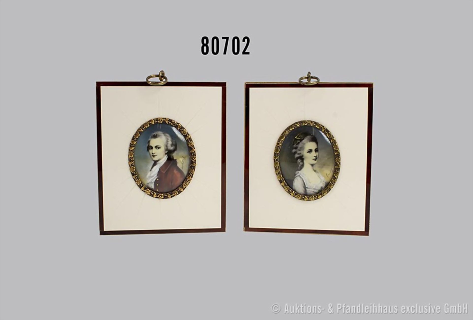 1 Paar Biedermeier Miniaturen, der junge Mozart und seine Frau Constanze Weber, Öl auf ...