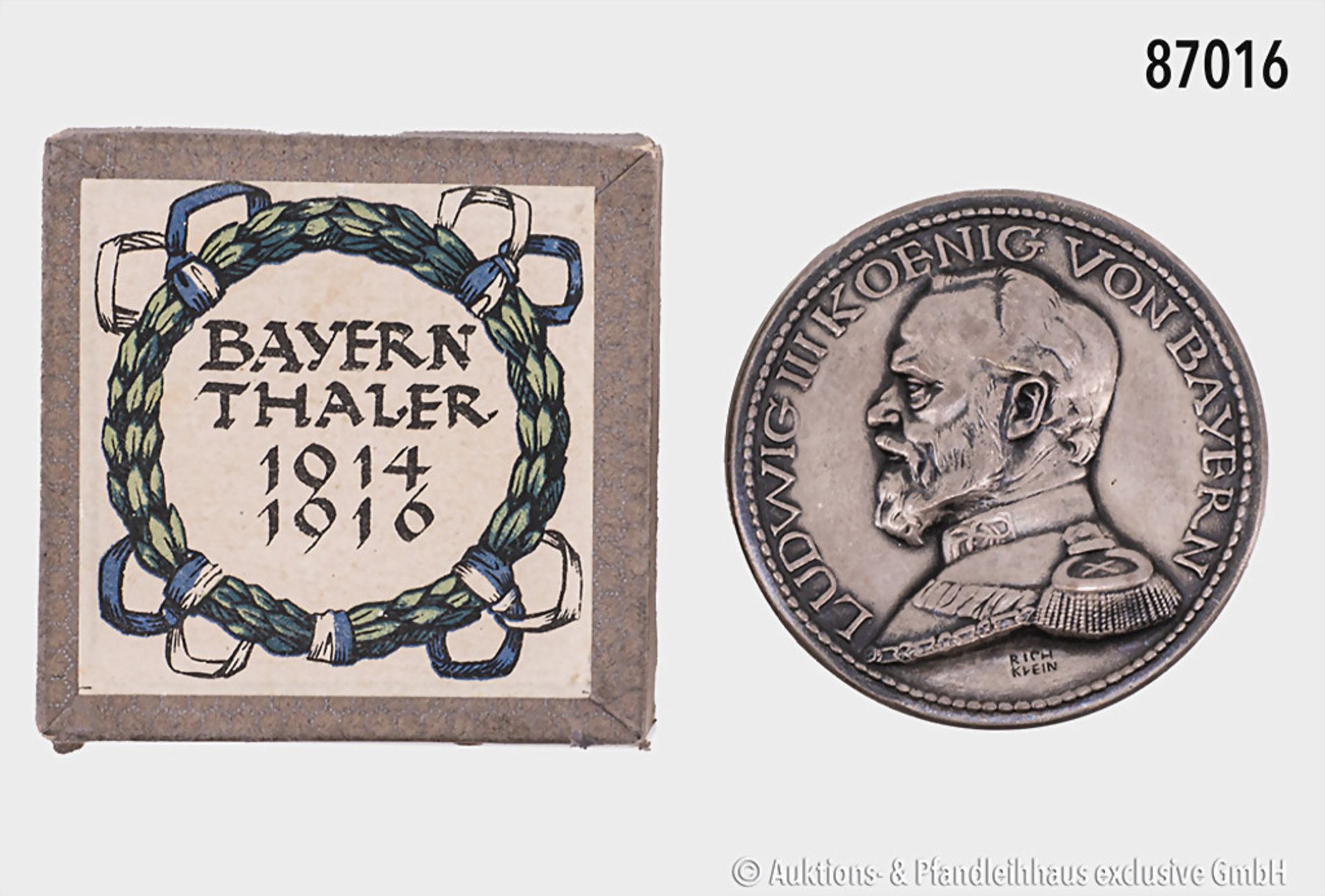 Bayern, Steckmedaille, Bayernthaler 1914/1916, von Richard Klein, versilbertes Etui in ...