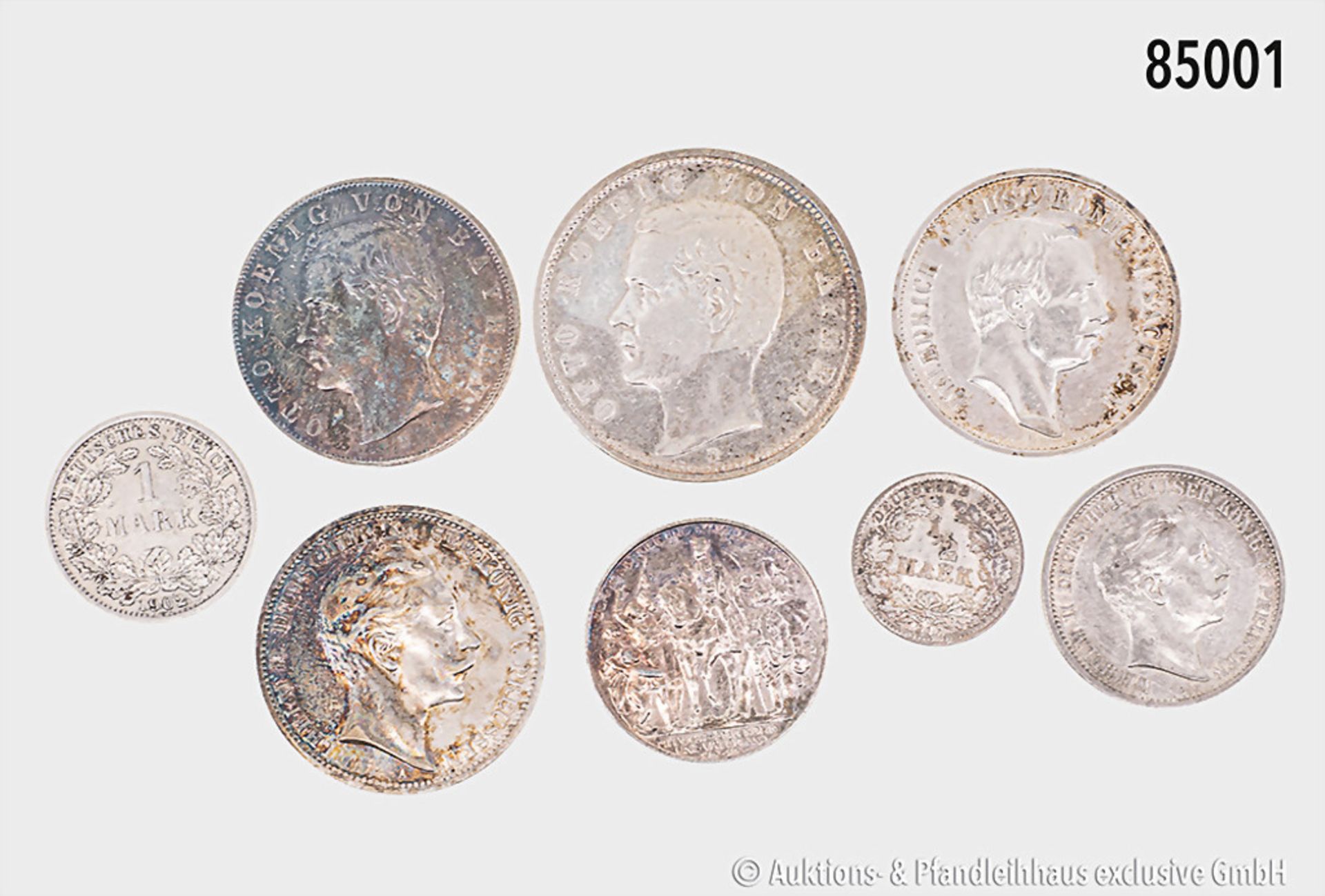 Konv. Kaiserreich, 8 Silbermünzen, dabei Bayern 5 Mark 1898 D, 3 Mark 1908 D, Preußen 3 ...
