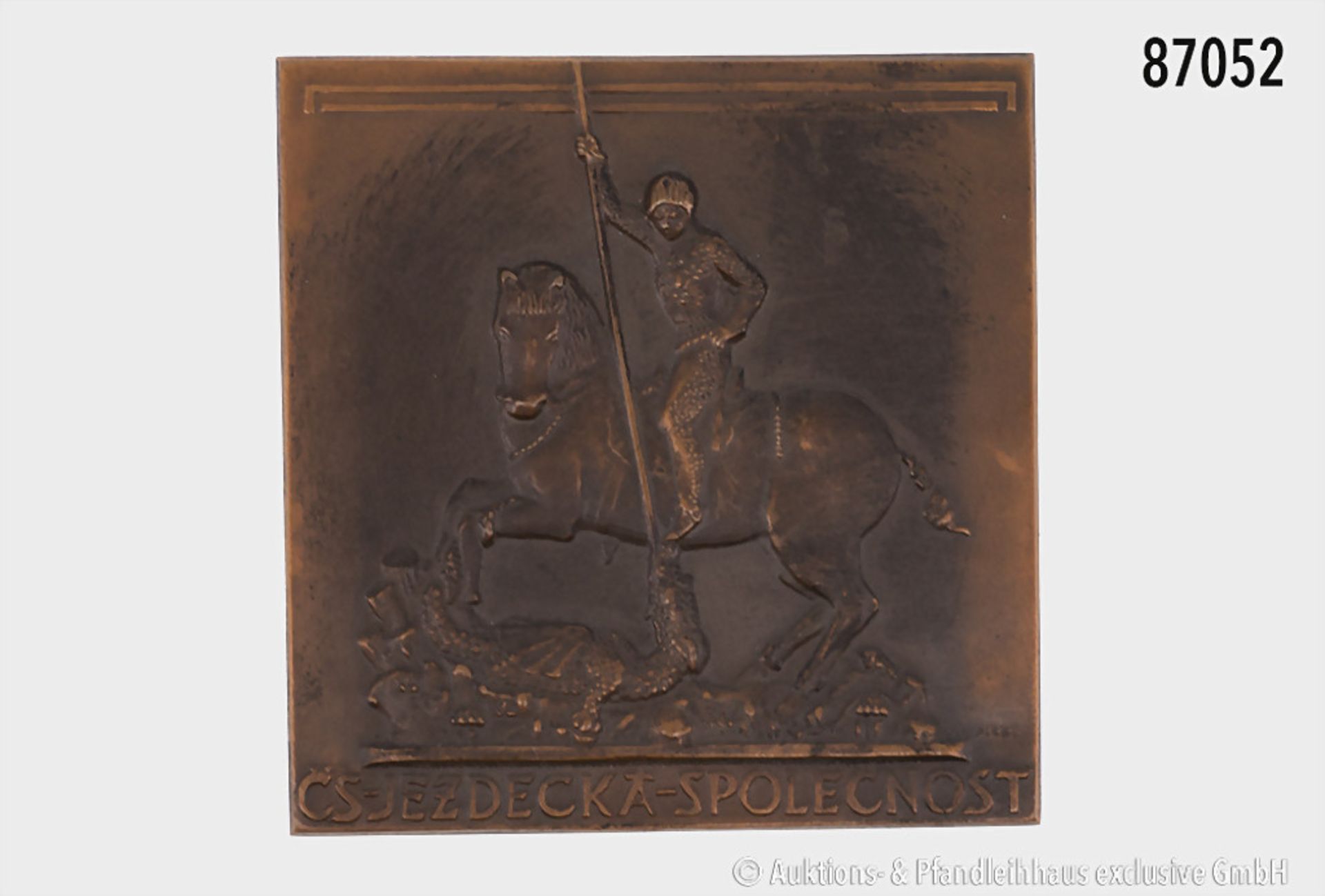 Tschechoslowakei, einseitige Bronzeplakette o. J. (1928), Vs. Motiv des drachentötenden ...
