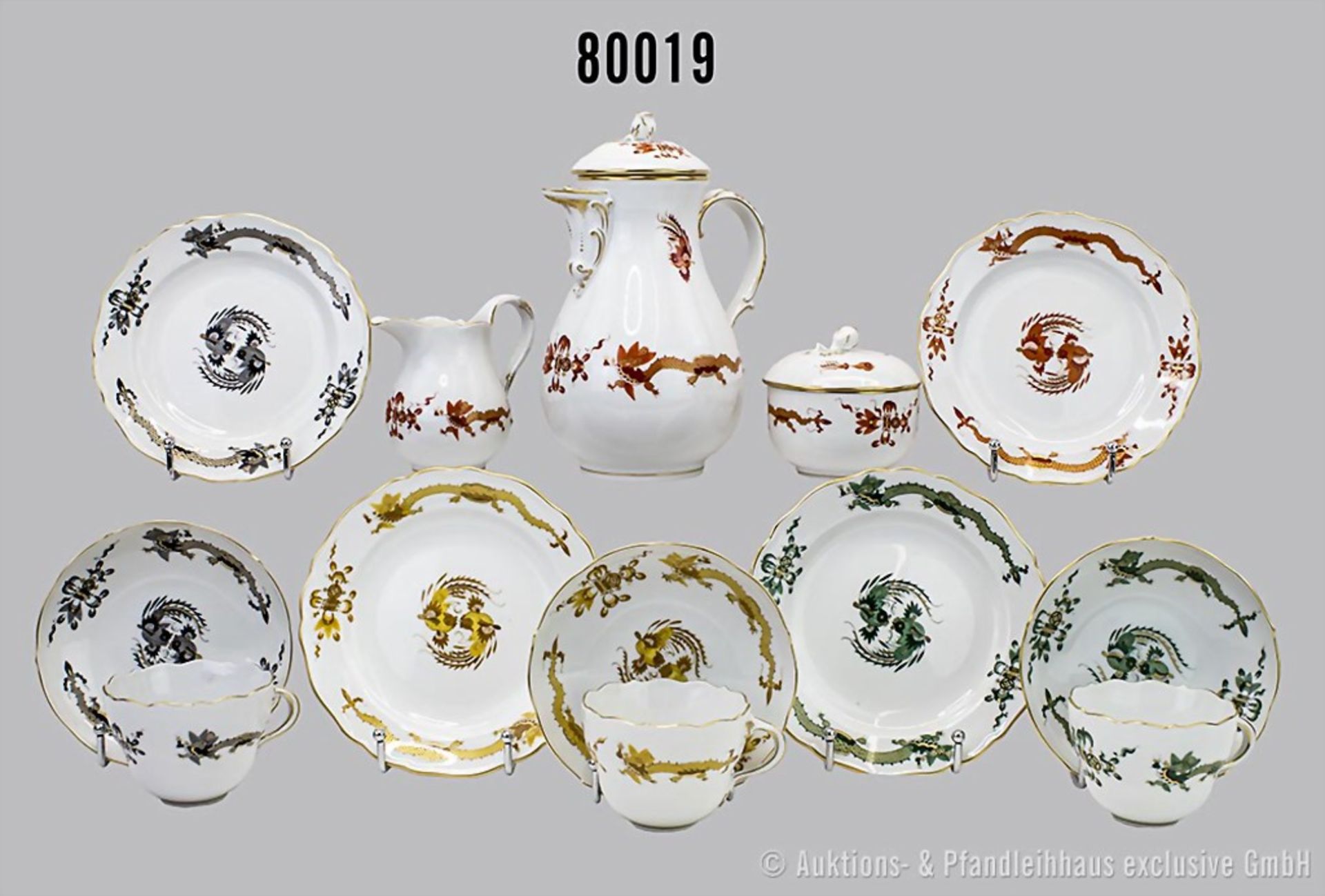 Meissen Kaffeeservice für 6 Personen, Dekor Reicher Drache, Porzellan, polychrome ...