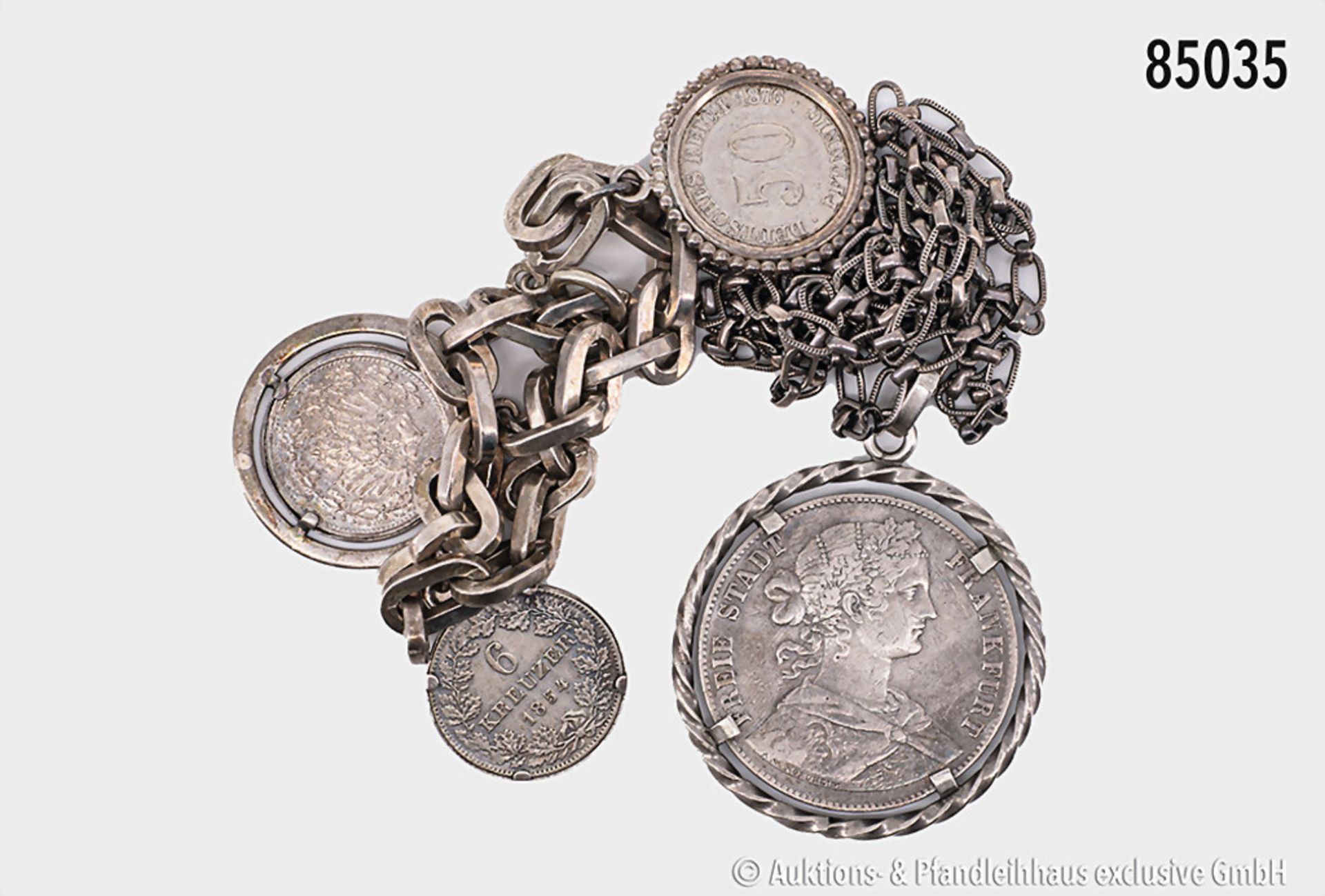 Konv. Münzschmuck, bestehend aus Armband, 925er Silber, 3 Münzen, Frankfurt am Main, 6 ...