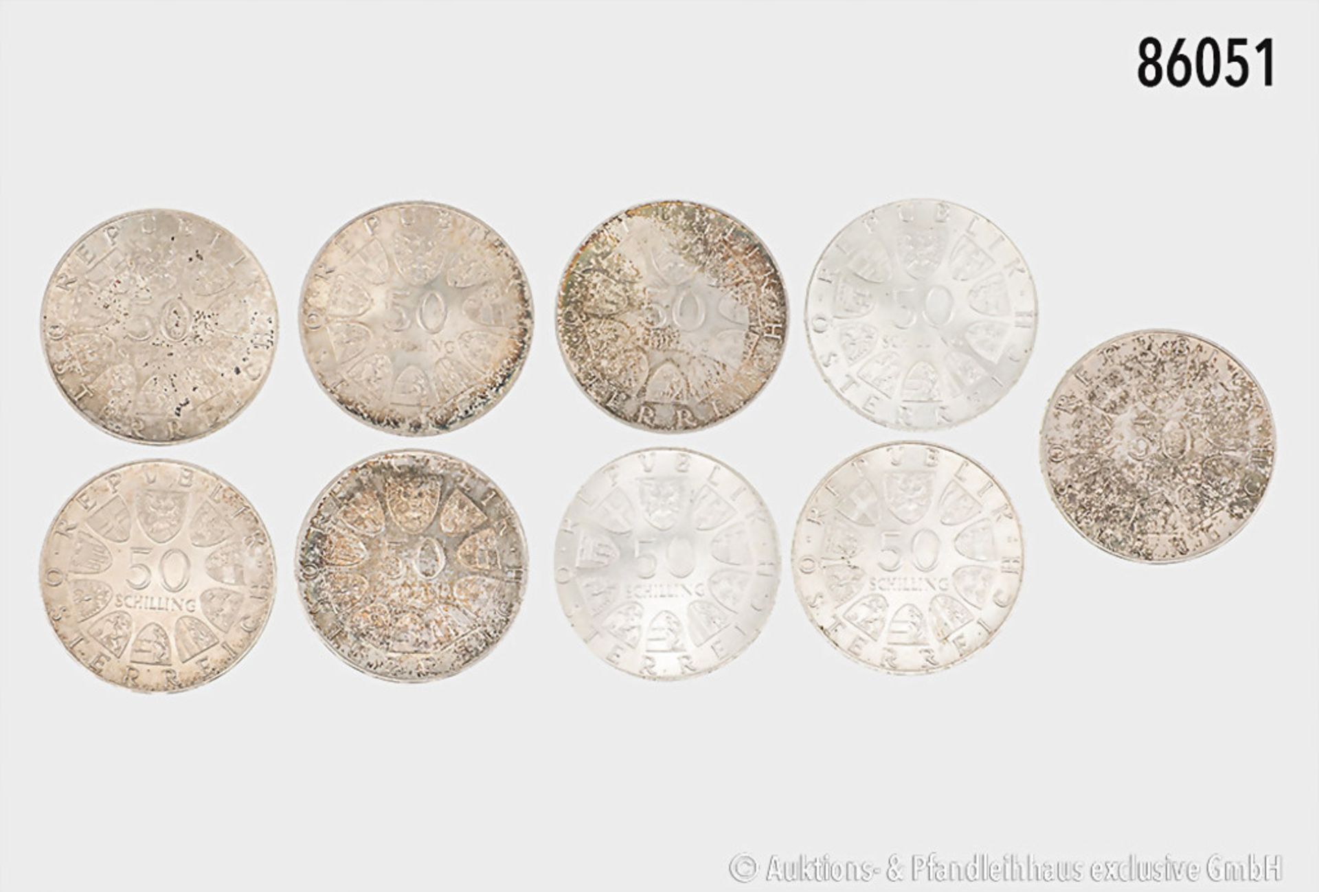 Österreich, Konv. 9 x 50 Schilling, Silber, gemischter Zustand, teilweise kleine ... - Image 2 of 2