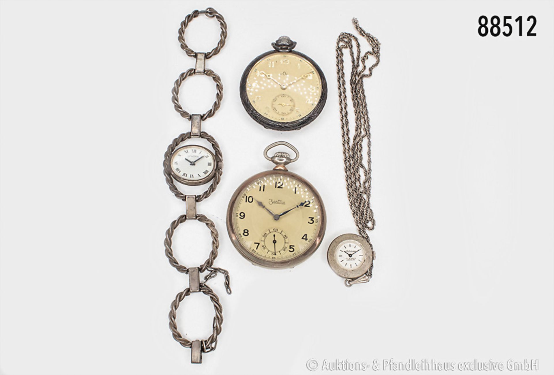Konv. 4 Uhren, dabei silberne Taschenuhr, 800er Silber, ca. 1930er Jahre, Schweiz, ...