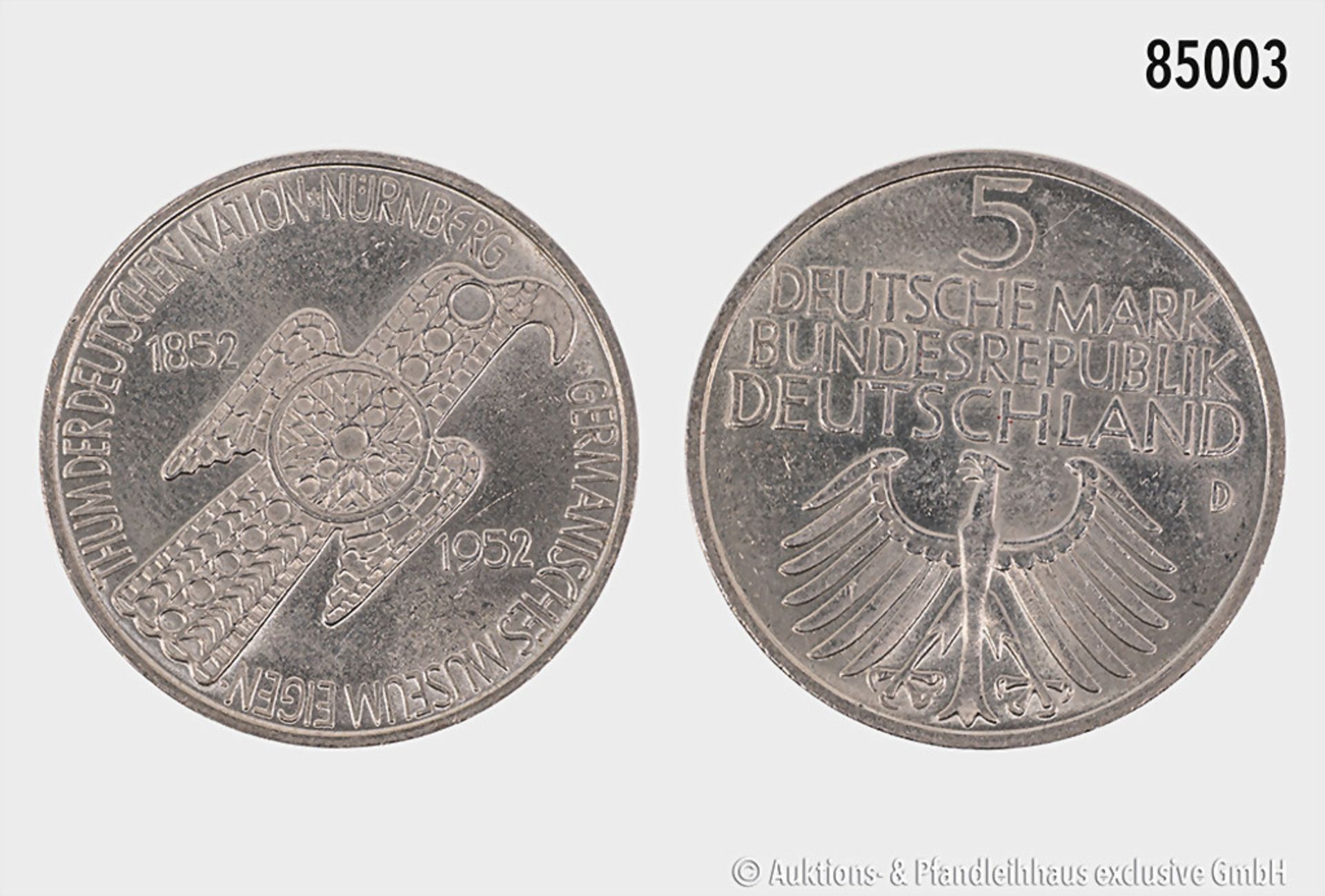 BRD, 5 DM 1952 D, Germanisches Museum, 625er Silber, 11,17 g, 29 mm, AKS 210, Jaeger ...