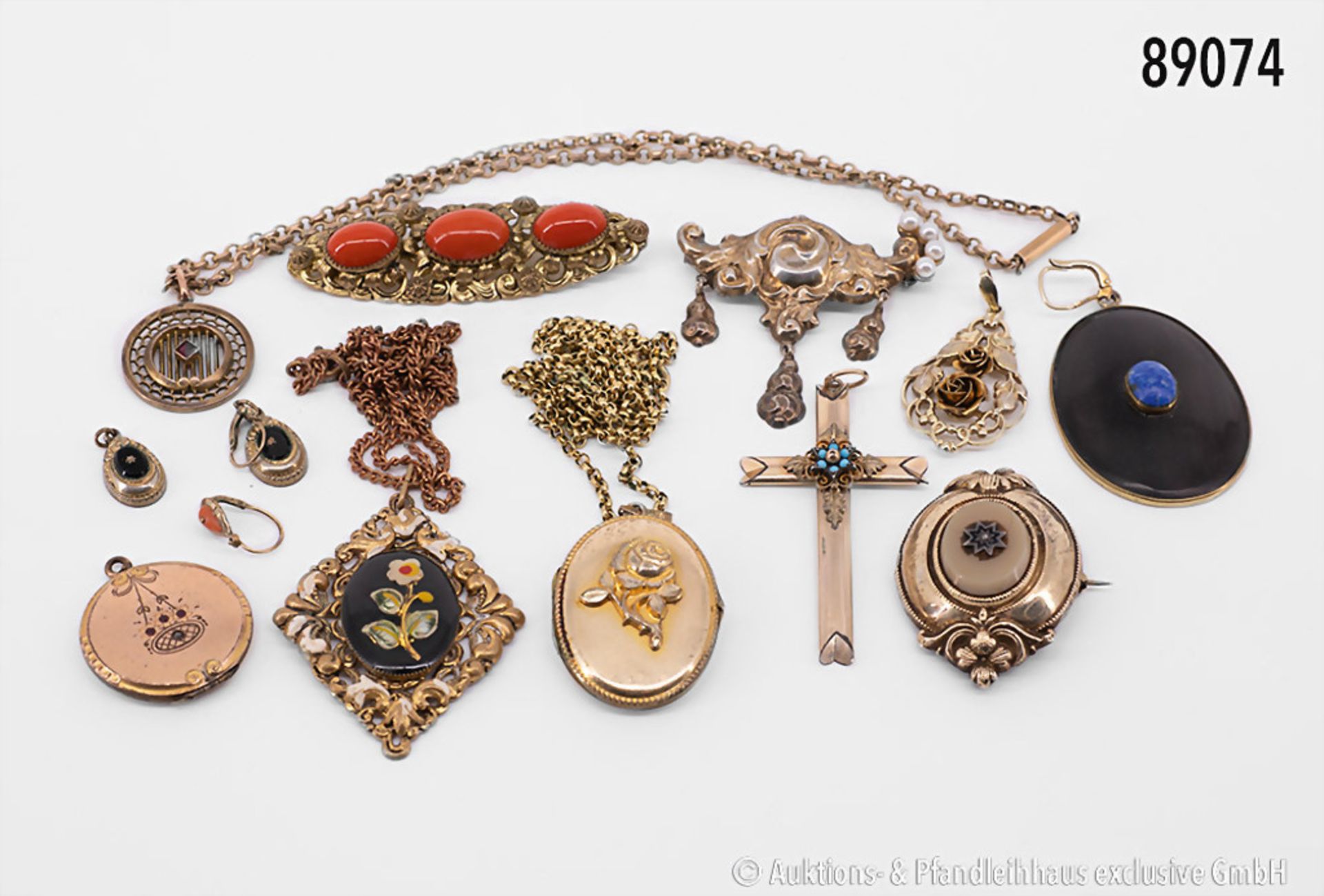 Konv. Biedermeierschmuck, ca. 13 Teile, dabei Kreuzanhänger mit kleinen Türkisperlen, 1 ...