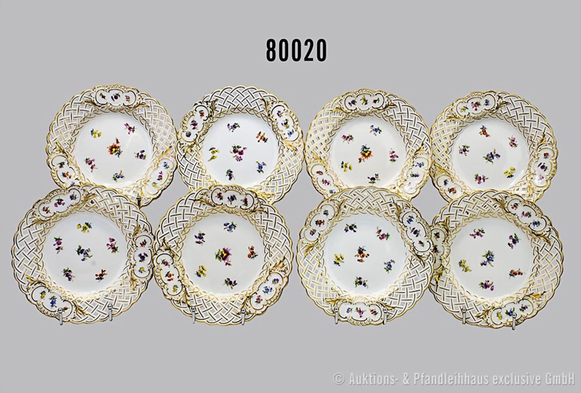 Meissen 8 Durchbruchteller, Porzellan, polychrome Bemalung, reiche Goldstaffage, runde ...