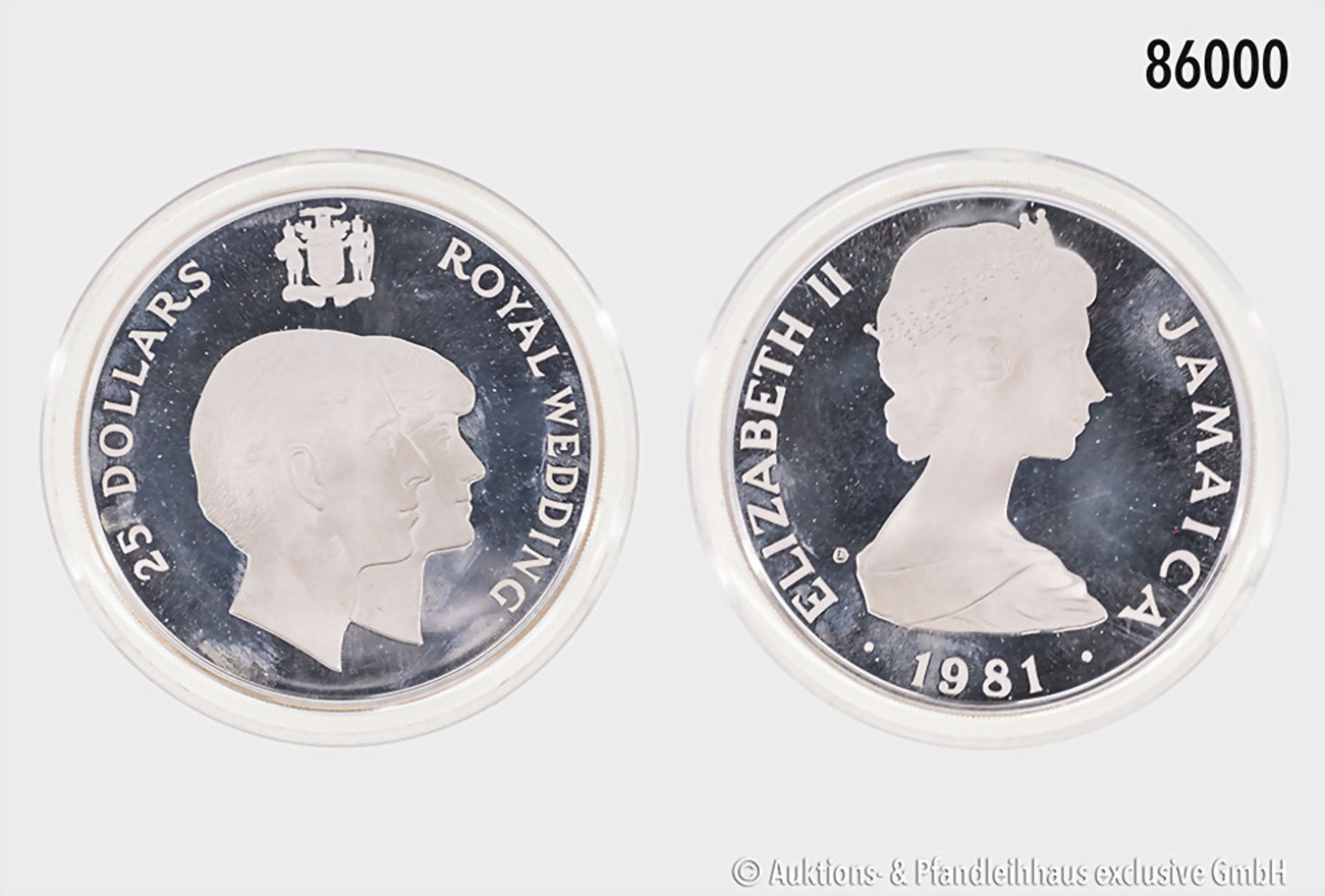 Jamaika, 25 Dollars 1981, Royal Wedding, 925er Silber, ca. 136 g, 63 mm, PP, berührt, in ...