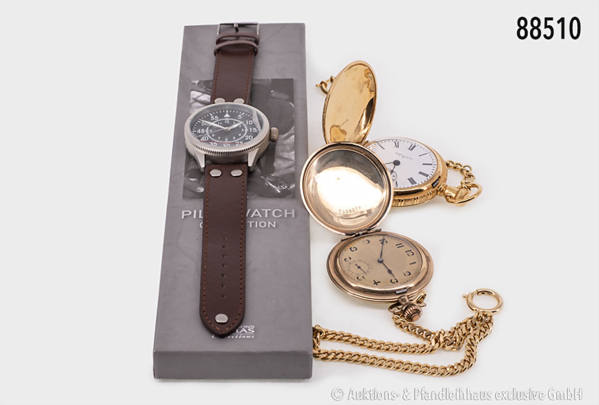 Konv. 2 Taschenuhren, Elgin, USA, vergoldet, beide mit Uhrenkette, D bis ca. 54 mm, dazu ...