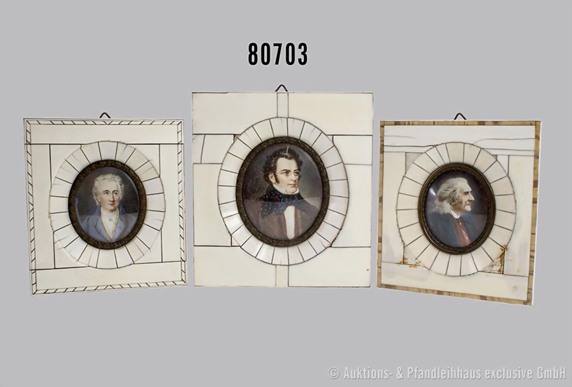 3 Biedermeier Miniaturen, dabei W.A.Mozart, Franz Schubert, Öl auf Bein, 10 x 9 cm und ...