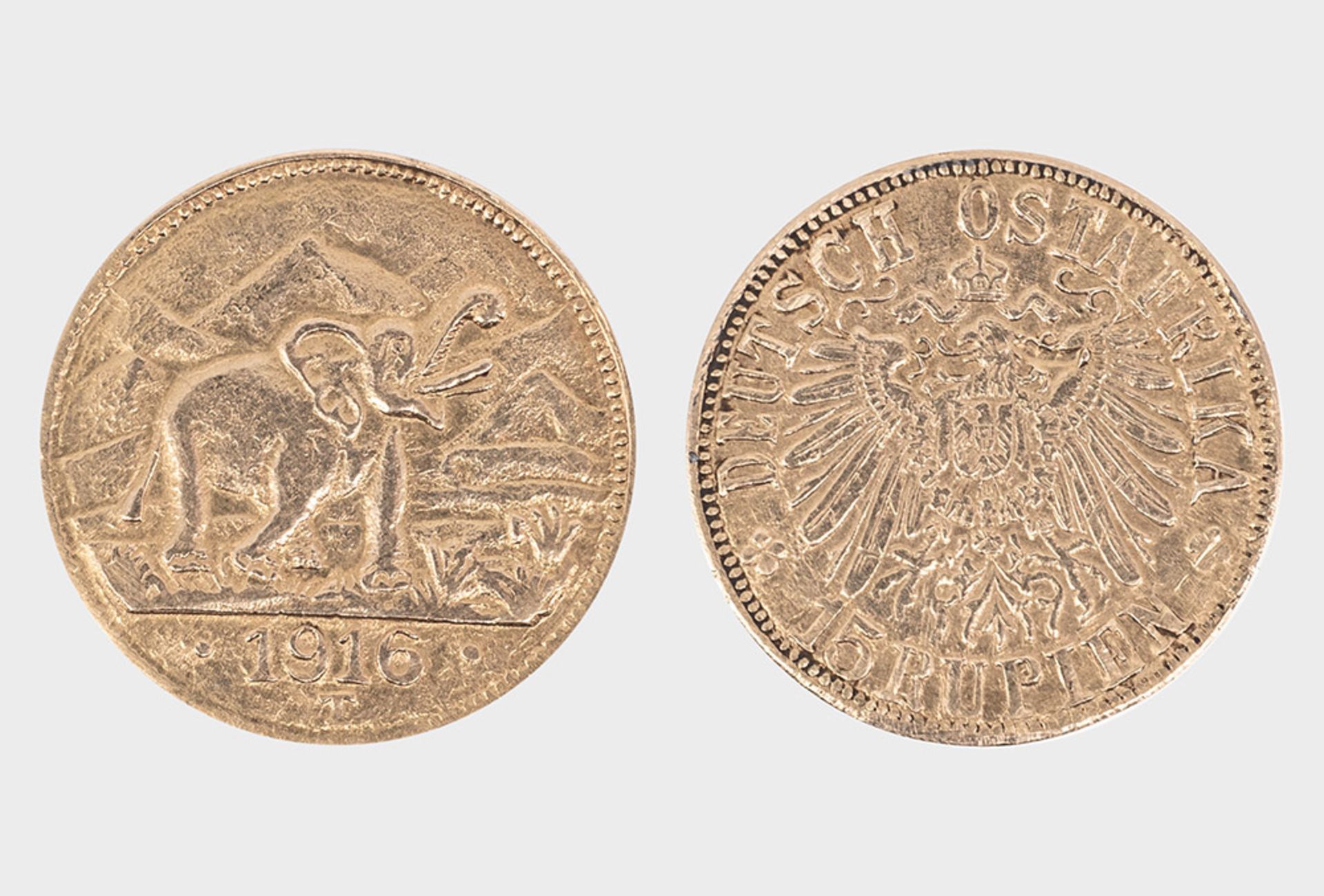 Deutsch-Ostafrika, 15 Rupien 1916 T, 750er Gold, Vs. Elefant mit erhobenem Rüssel nach ...