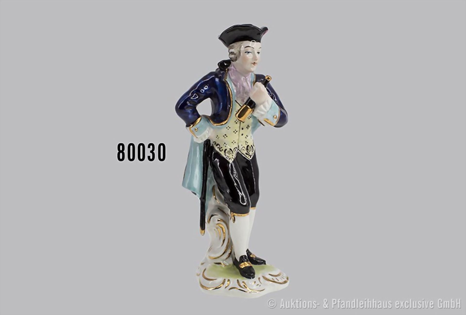 Wohl Volkstedt/ Imitationsmarke Meissen, Porzellan, polychrome Bemalung, galanter Herr ...