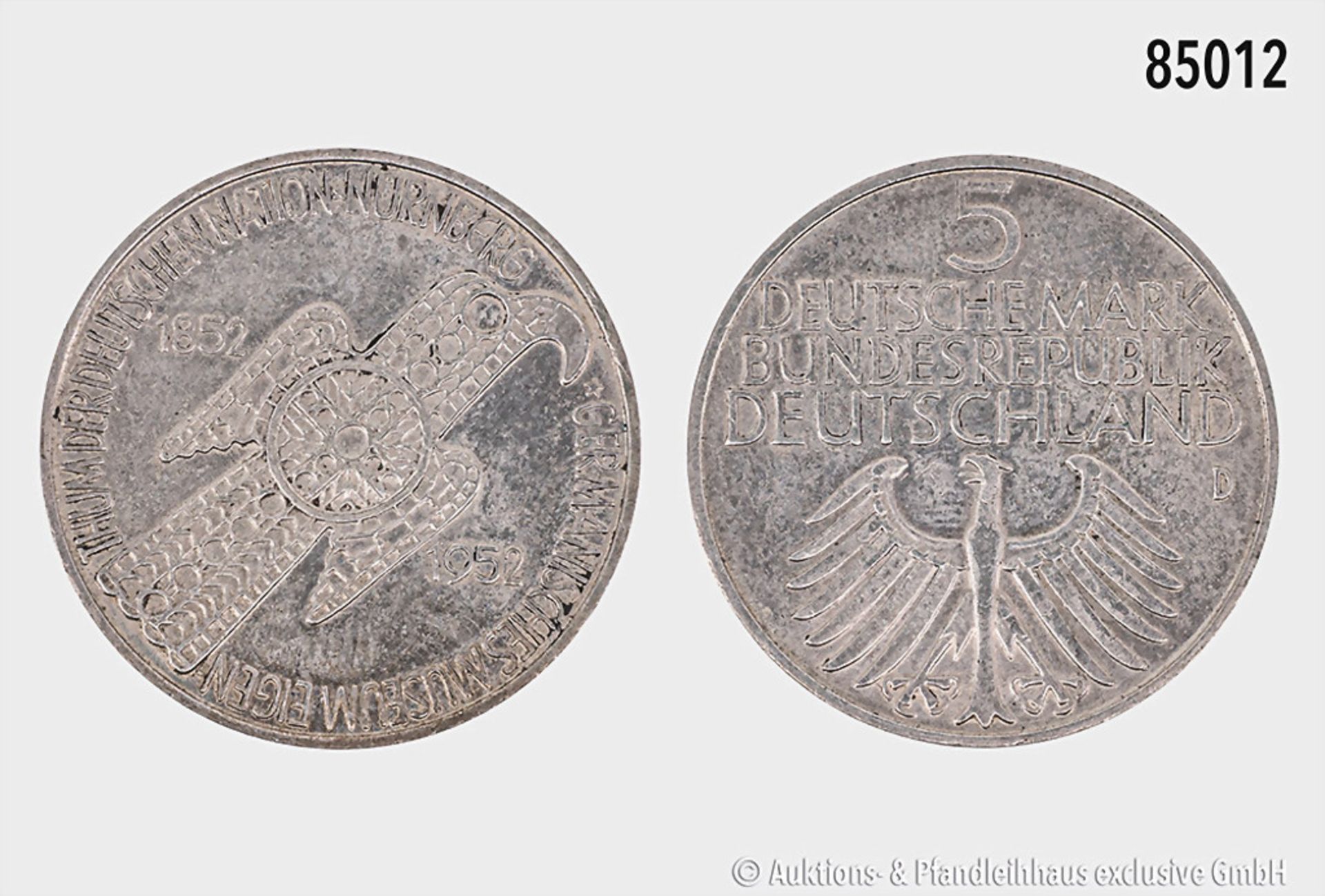 BRD, 5 DM 1952 D, Germanisches Museum, 625er Silber, 11,25 g, 29 mm, AKS 210, Jaeger ...