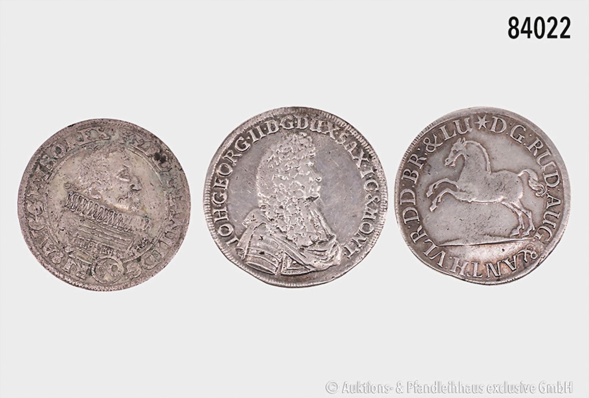 Konv. 3 Silbermünzen, Sachsen 2/3 Taler 1680 (Henkelspur), Ferdinand II., Kipper- 1/2 ...