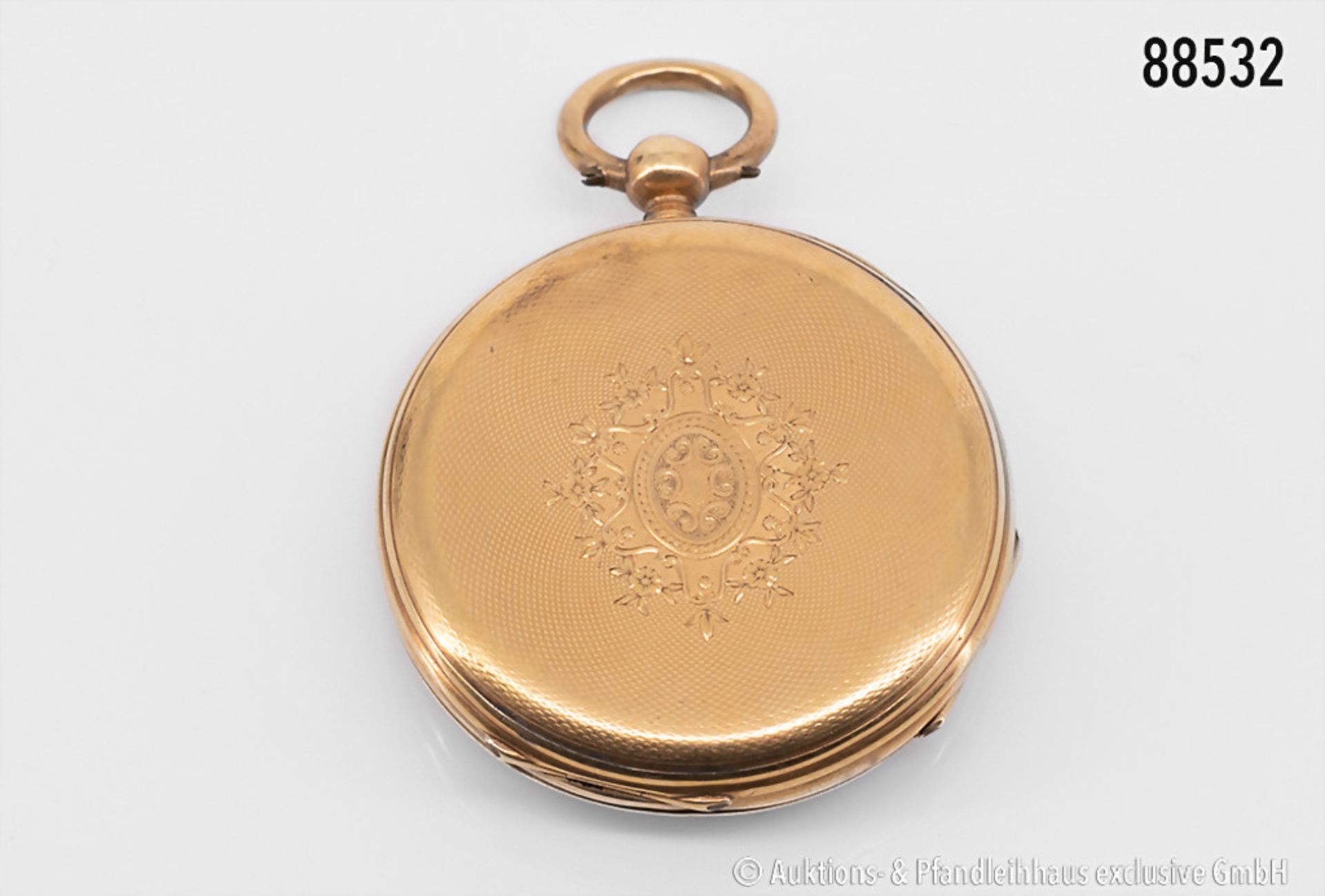 Taschenuhr, 2 Deckel 18 Karat Gold, um 1900, Schlüsselaufzug (ohne Schlüssel), graviert, ... - Bild 2 aus 3
