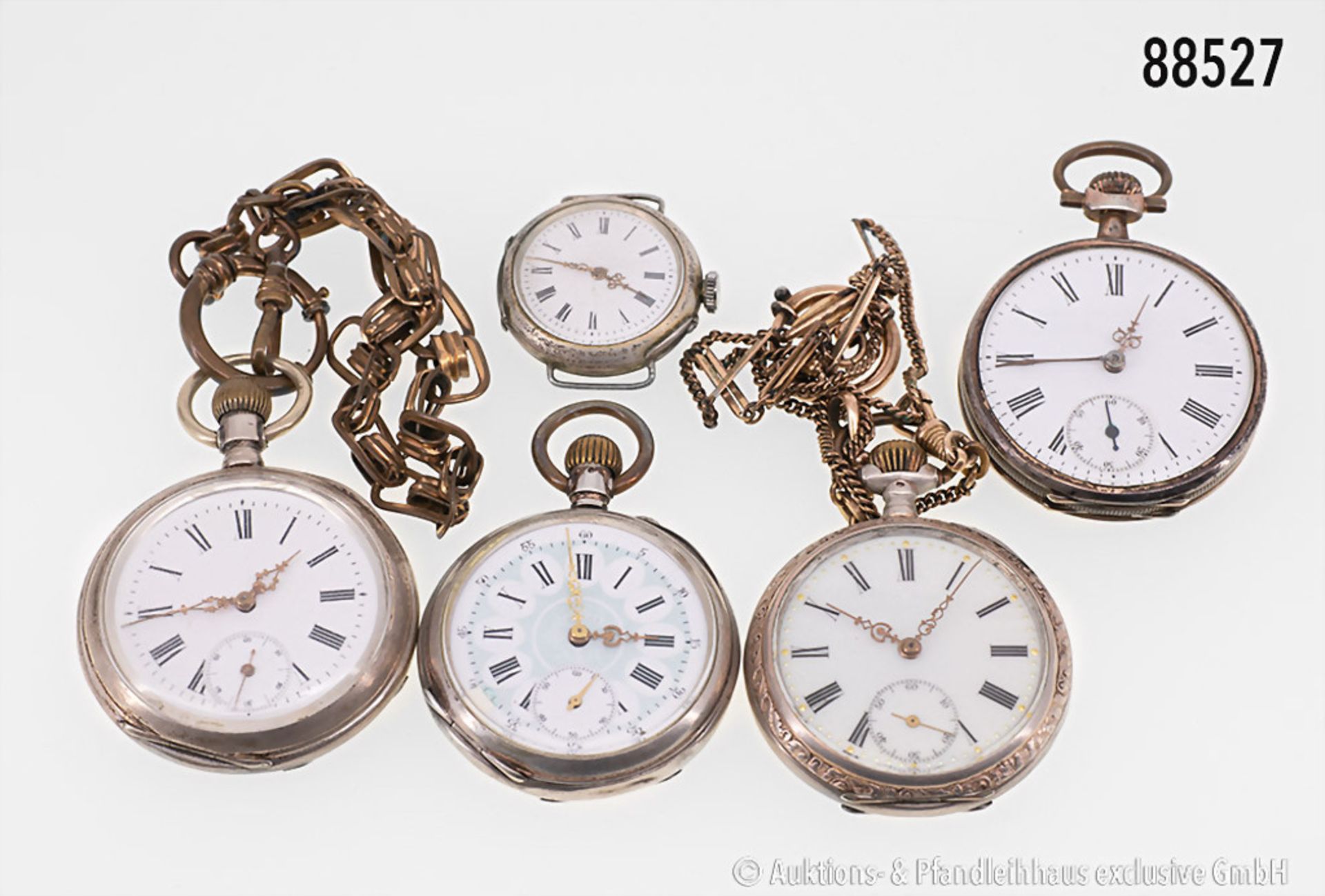 Konv. 5 silberne Taschenuhren, davon 1 Damentaschenuhr, teilweise mit Uhrenketten, ...