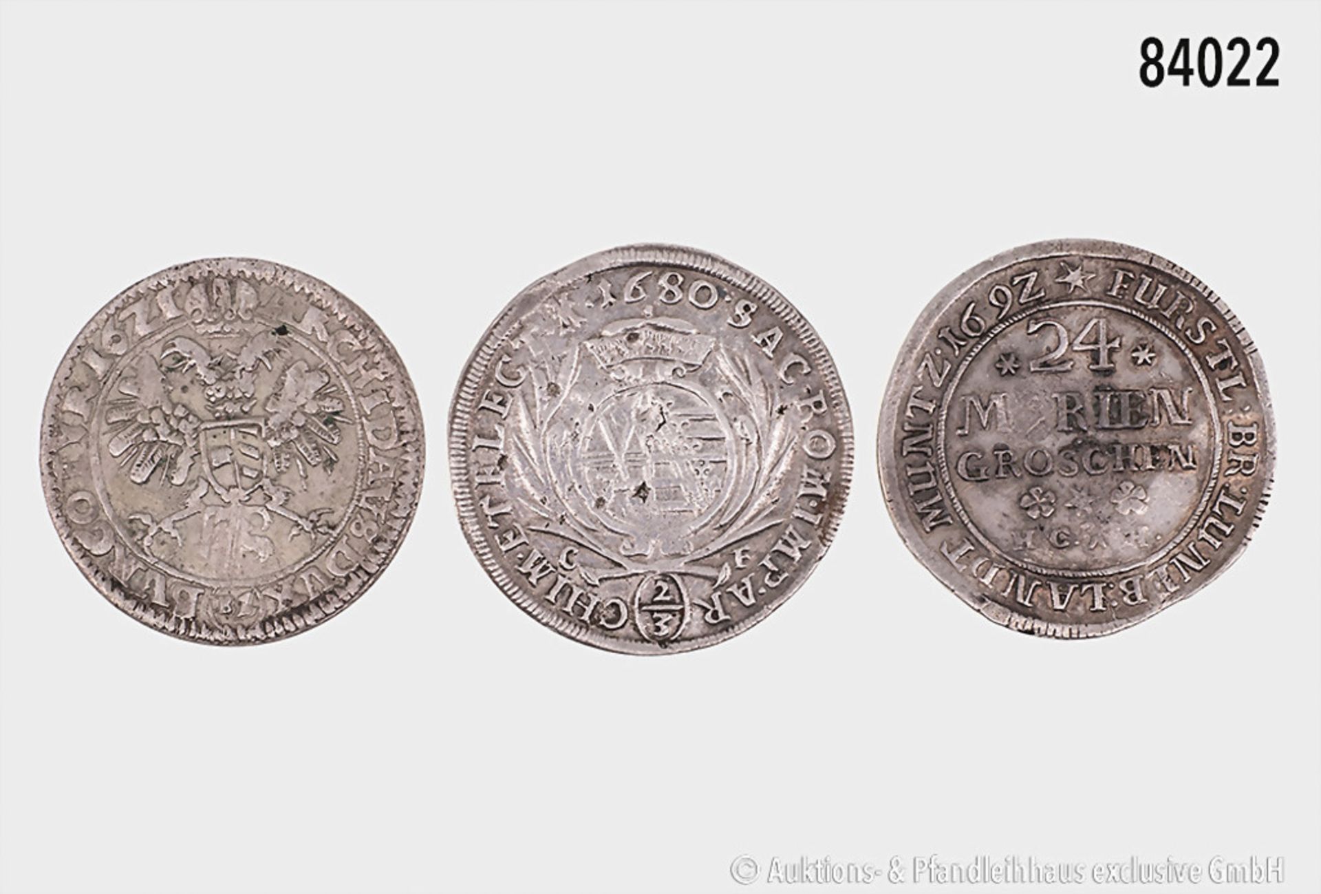 Konv. 3 Silbermünzen, Sachsen 2/3 Taler 1680 (Henkelspur), Ferdinand II., Kipper- 1/2 ... - Bild 2 aus 2