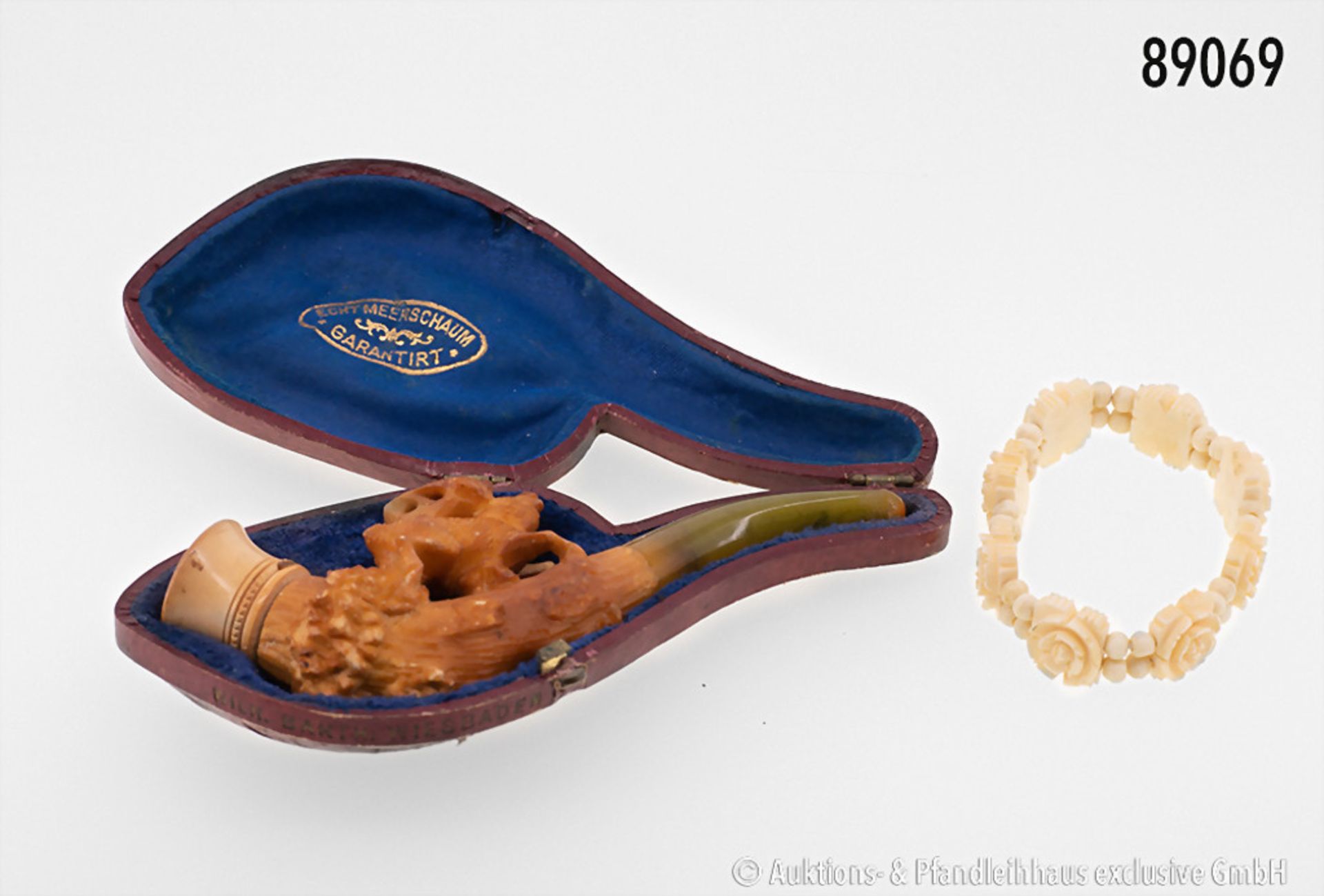 Konv. Meerschaumpfeife, um 1900, in originaler etwas beschädigter Schatulle, ...