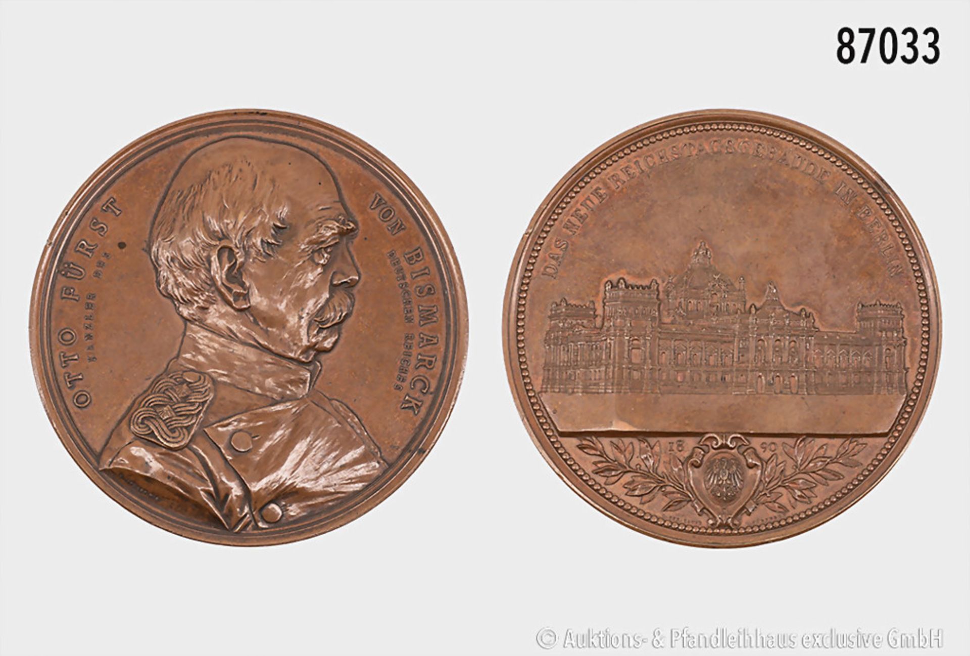 Deutsches Reich, große Bronzemedaille 1890, von Schwabe, auf das neue Reichstagsgebäude, ...
