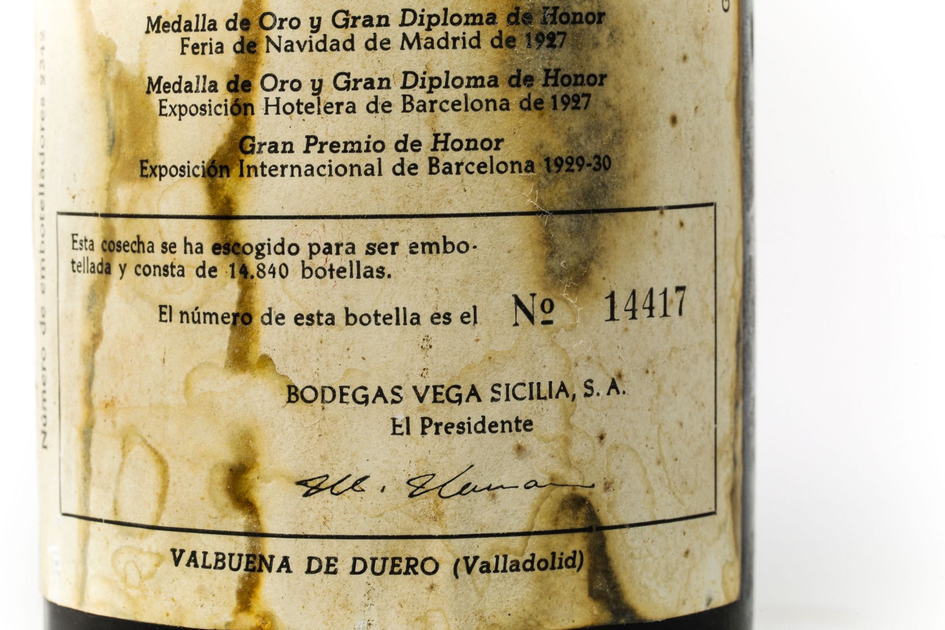 VEGA SICILIO UNICO Ribeira del Duero Bouteille N°14417 sur production de 14 840 bouteilles 1941 - Image 2 of 4