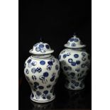 Paire de potiches couvertes en porcelaine blanche décorées en bleu cobalt sous couverte de