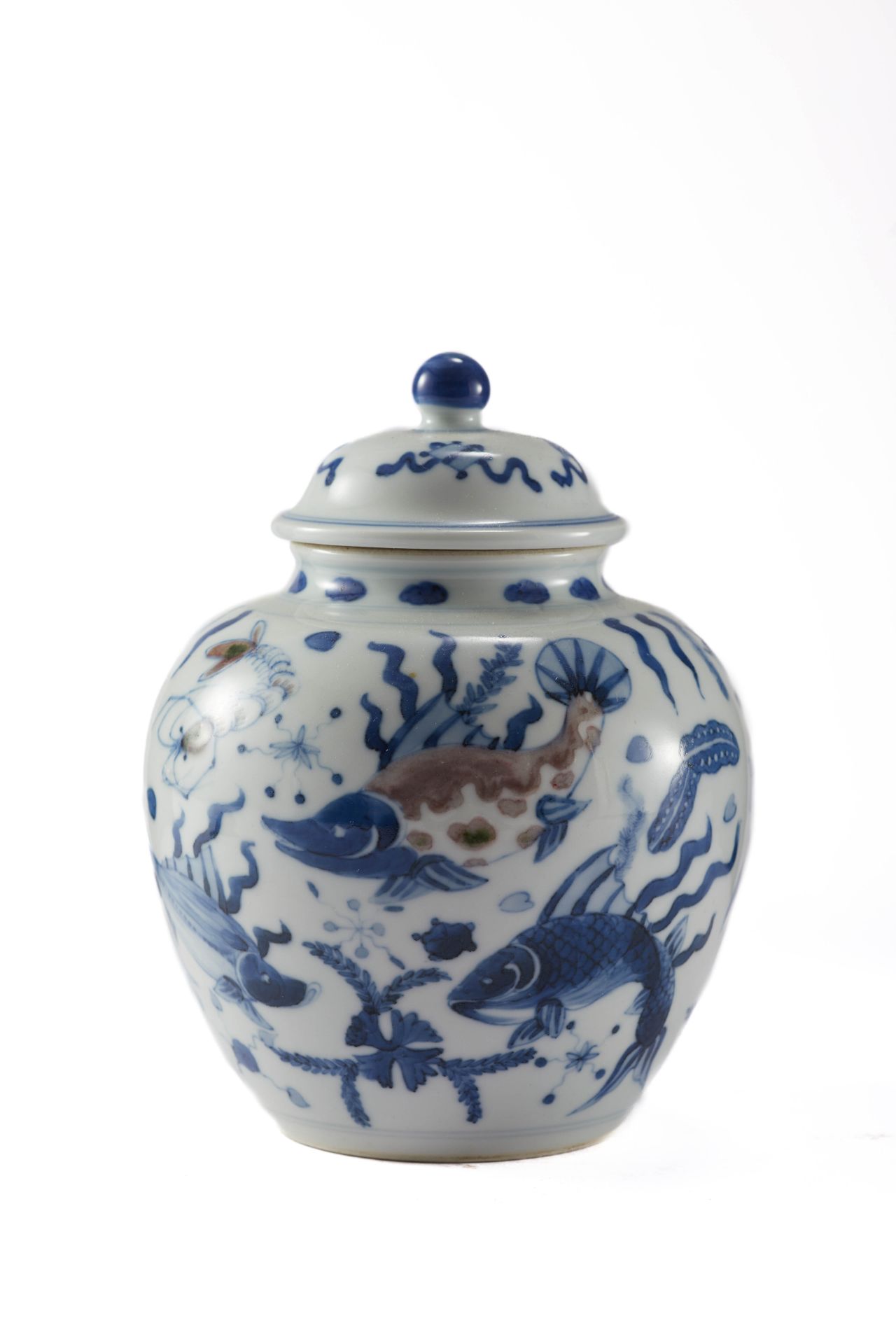 Petite jarre couverte en porcelaine blanche, décoré en bleu cobalt d’une composition aquatique