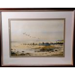 David Wilson Evening Flight Caldy Shore, Watercolour 11 ¾ x 17 ½ins, Framed glazed and double
