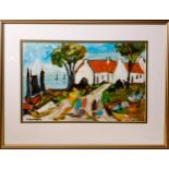 R. Dunleavey - White gabled cottages with figures and boats -Oil on Board- signed lower left