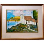 R. Dunleavey - White gabled cottages with figures and boats -Oil on Board- signed lower right Framed