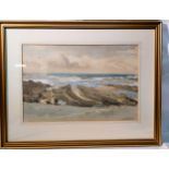 Charles Knight ROI VPRWS (1901-1990)-Beach Scene with Rocks to foreground, Watercolour pen and