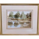 Frank H Beatham Stepping Stones Bolton Abbey Watercolour Framed glazed and mounted, Frame size