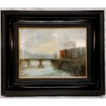 Leo Earley, Oil on Board the Four Courts at Evening Dublin. View of the Liffey Bridge anned