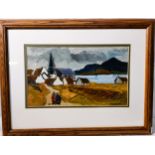 R. Dunleavey Oil on Board White gabled cottages and Church Framed and glazed signed Frame size 15”