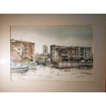 Linda Poggio Albert Dock 85 Watercolour pen and ink. Framed, glazed and mounted Frame 18.5” high
