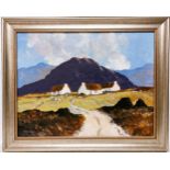 R. Dunleavey Oil on Board Whitewashed cottages against purple mountains signed lower left Frame size