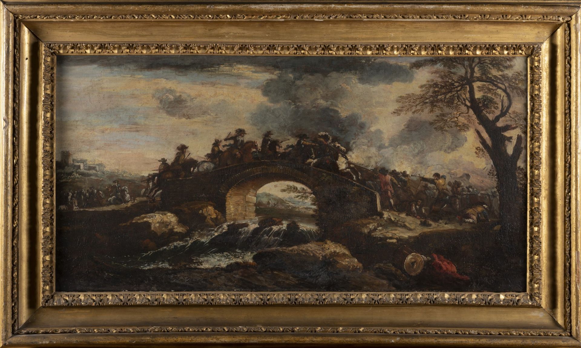 Scuola italiana, secolo XVII - Battle scene near a bridge