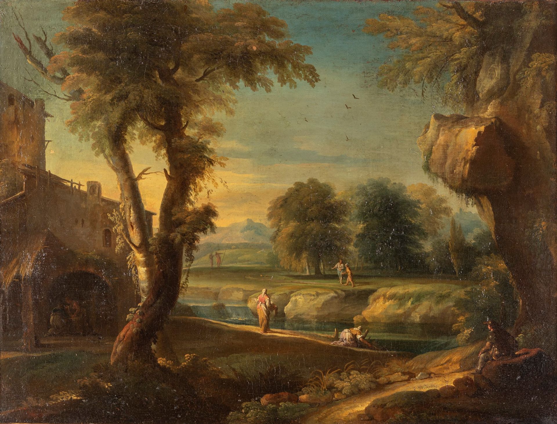 Scuola veneta, secolo XVIII - Landscape with washerwomen and wayfarers by a river and cottage - Image 2 of 3