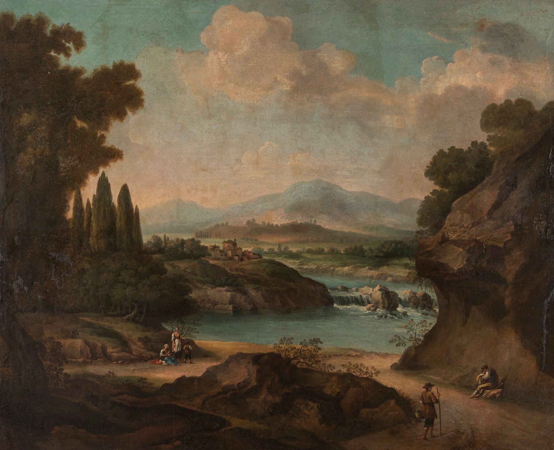 Scuola romana, fine secolo XVII - inizi secolo XVIII - River landscape with figures and a vlllage in - Image 2 of 4