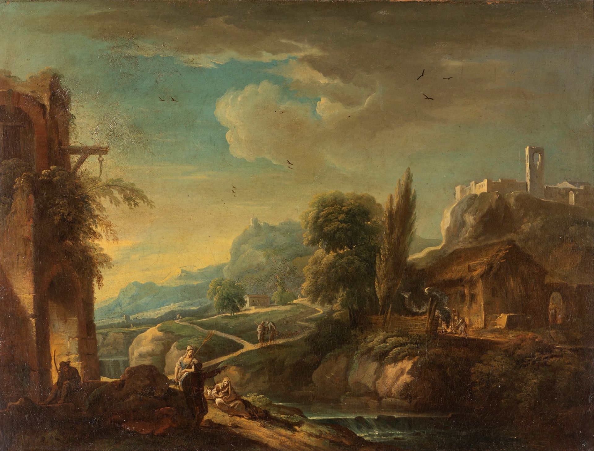 Scuola veneta, secolo XVIII - Landscape with travelers by a river, ruins, cottage and castle in the - Image 2 of 3