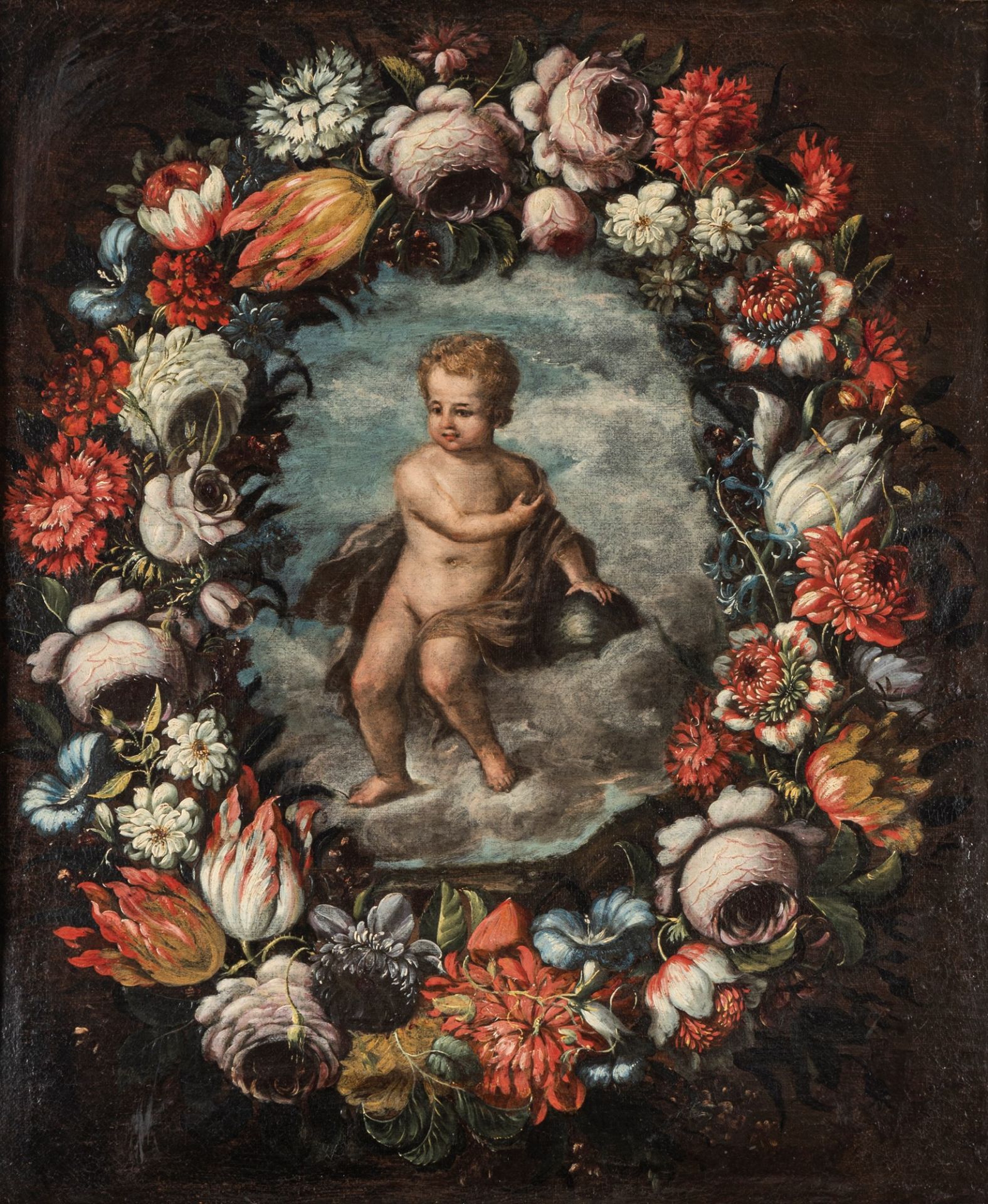 Scuola dell'Italia settentrionale, secolo XVII - Child Christ with globe within a garland of flowers - Image 2 of 3