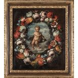 Scuola dell'Italia settentrionale, secolo XVII - Child Christ with globe within a garland of flowers