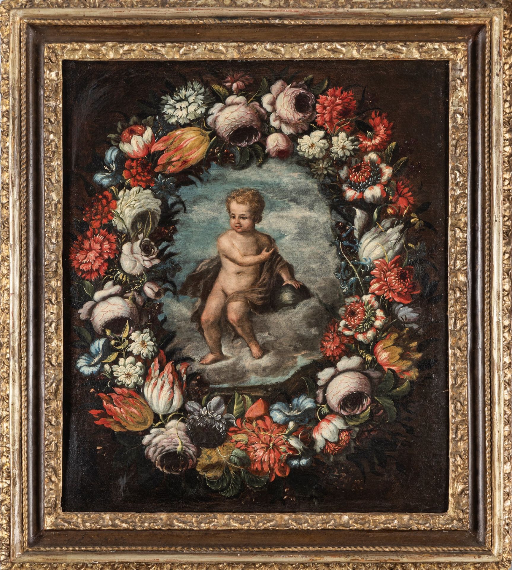 Scuola dell'Italia settentrionale, secolo XVII - Child Christ with globe within a garland of flowers