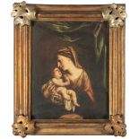 Scuola romana, fine secolo XVII - inizi secolo XVIII - Madonna with Child and green drapery in the b